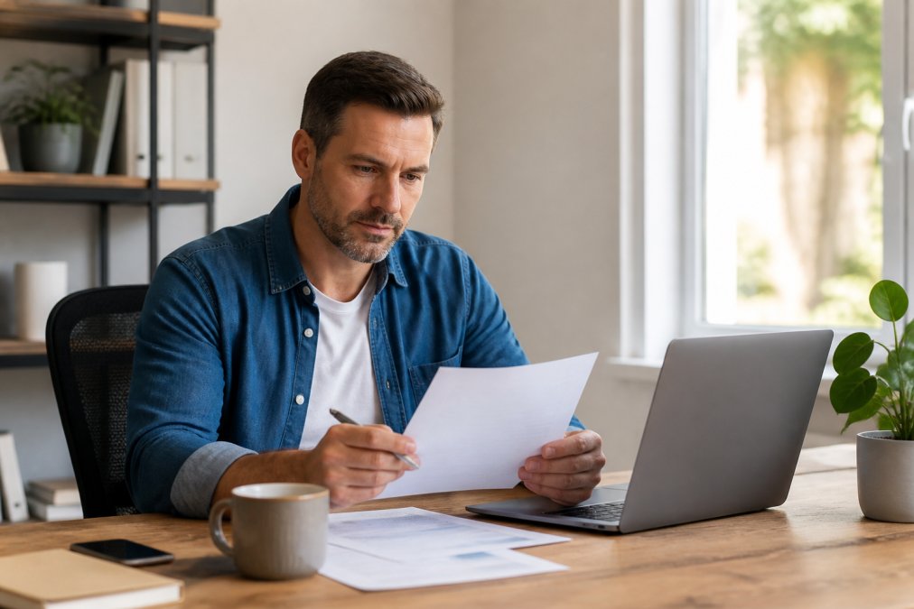 A man in his 40s sitting at a desk in a bright home office, looking focused and energetic while reviewing documents on a laptop, with a cup of coffee nearby