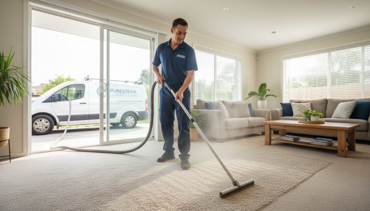 A professional carpet cleaning technician in a branded uniform operating a truck-mounted hose and wand inside a bright residential living room, with a visible cleaning solution line running to a white service truck parked in the driveway outside, warm natural light streaming through large windows