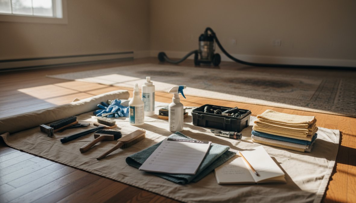 A homeowner in casual clothing vacuuming a beige carpeted room with natural light coming through large windows, lightweight chairs and a small side table pushed against the wall, preparing the space for a professional carpet cleaning appointment
