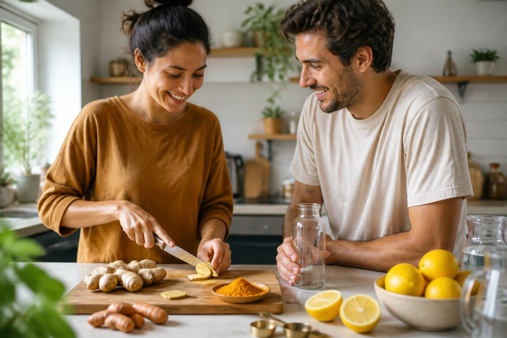Fresh ginger root and golden turmeric powder arranged on a wooden cutting board alongside a glass bottle, measuring spoons, and halved organic lemons with natural morning light streaming across the surface