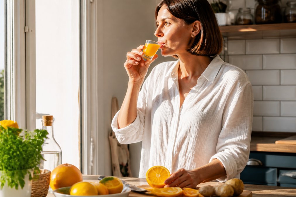 A person holding a small glass shot of golden wellness tonic in warm morning sunlight by a bright kitchen window, with a breakfast setting and fresh citrus visible on the counter