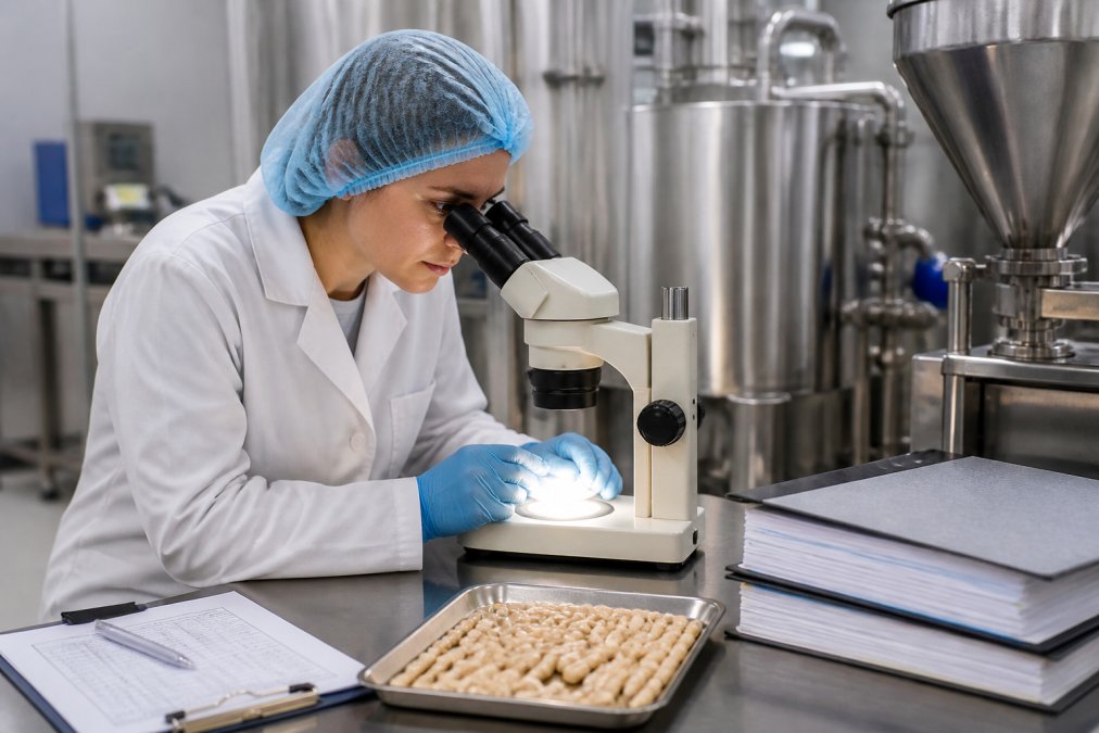 Technician in white laboratory coat inspecting supplement capsules under bright microscopic lighting in a modern UK manufacturing facility with stainless steel equipment and quality assurance documentation visible on the workbench