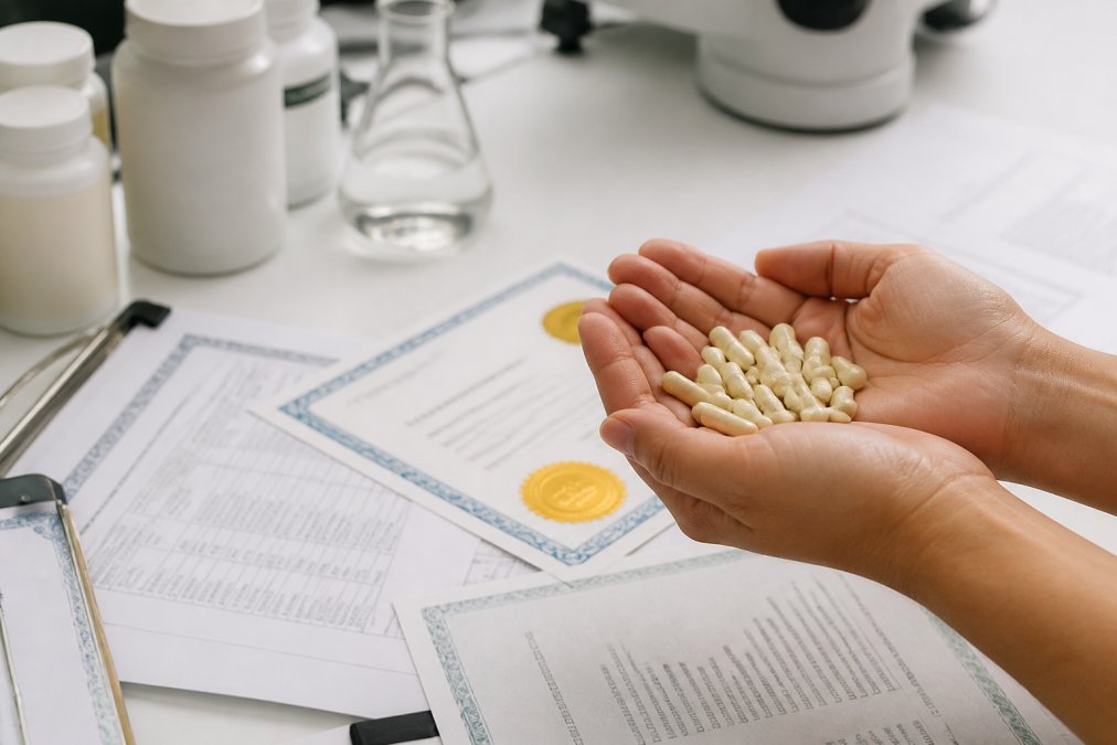 Close-up of hands holding supplement capsules with official certification documents, quality assurance seals, and laboratory test reports spread across a clean white surface with professional lighting