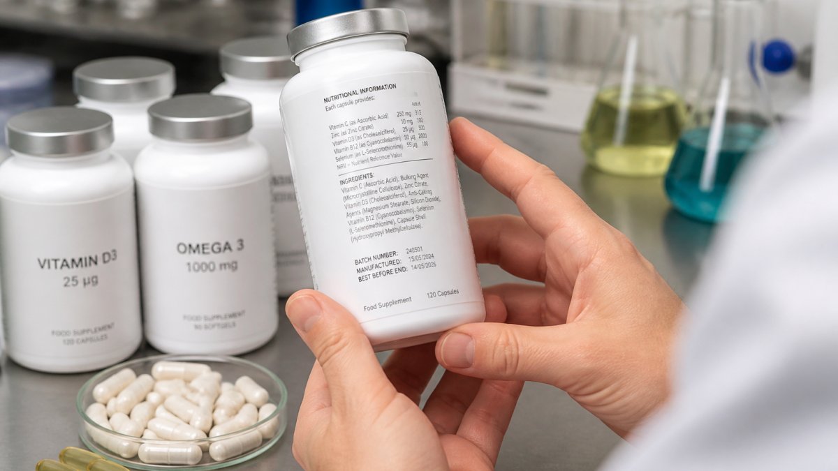 Close-up of vitamin capsules and supplement bottles with clear labelling and batch numbers visible on the label, hands holding a capsule bottle showing detailed ingredient list and batch traceability information in a professional laboratory setting