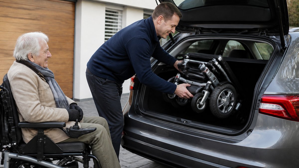 Active senior in a lightweight folding electric wheelchair being easily lifted into a car boot by a caregiver, showing the compact folded size and portability