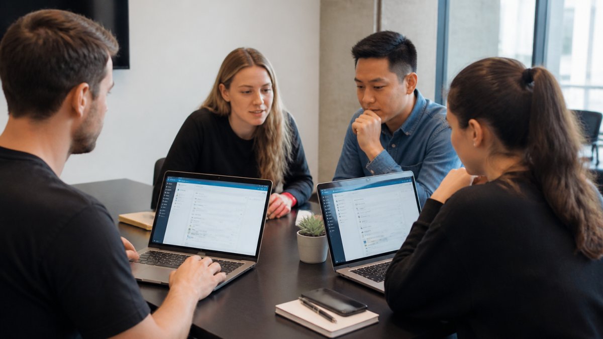 Cross-functional team of marketers and developers collaborating at a modern table with laptops, reviewing Shopify analytics dashboards and campaign performance metrics together under bright office lighting