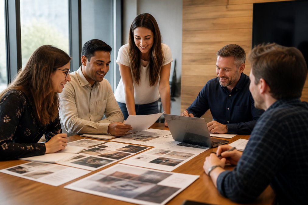 A marketing team gathered around a conference table reviewing printed brand collateral and a laptop showing a unified campaign across multiple platforms, warm office lighting
