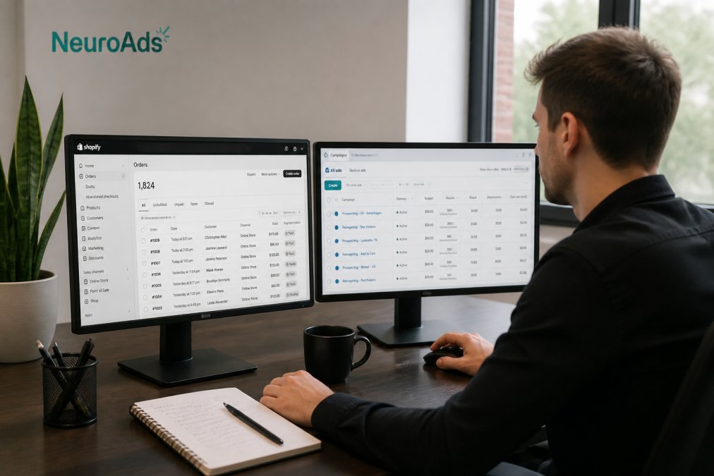 Manager using unified marketing to sync Shopify dashboard data with paid ad campaigns on dual monitors
