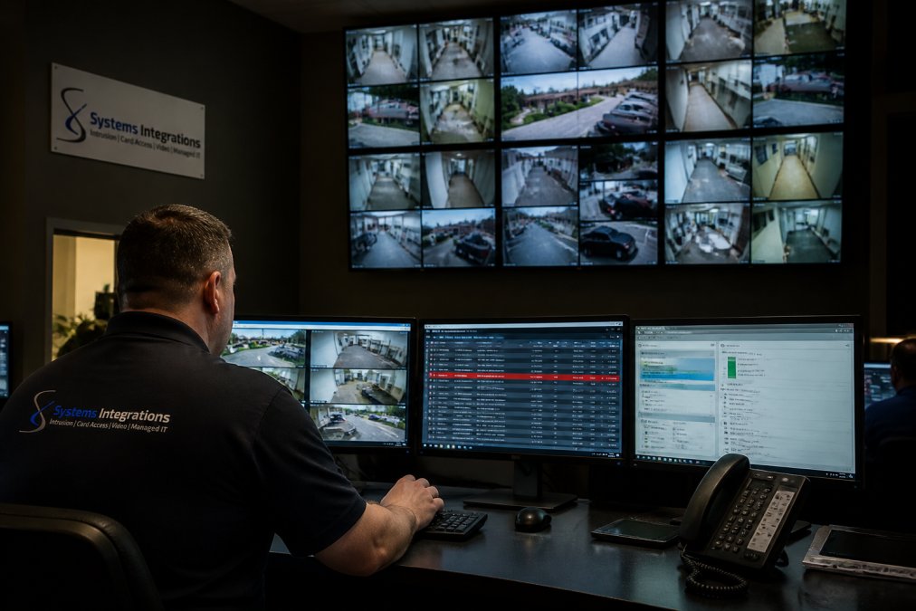 Security operator monitoring real-time feeds in a unified physical security center with wall-mounted screens.