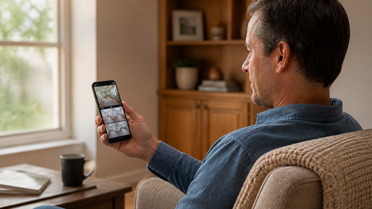 Homeowner viewing live security camera feed on smartphone while sitting in a comfortable chair, confident expression, natural home lighting with visible security system interface on screen