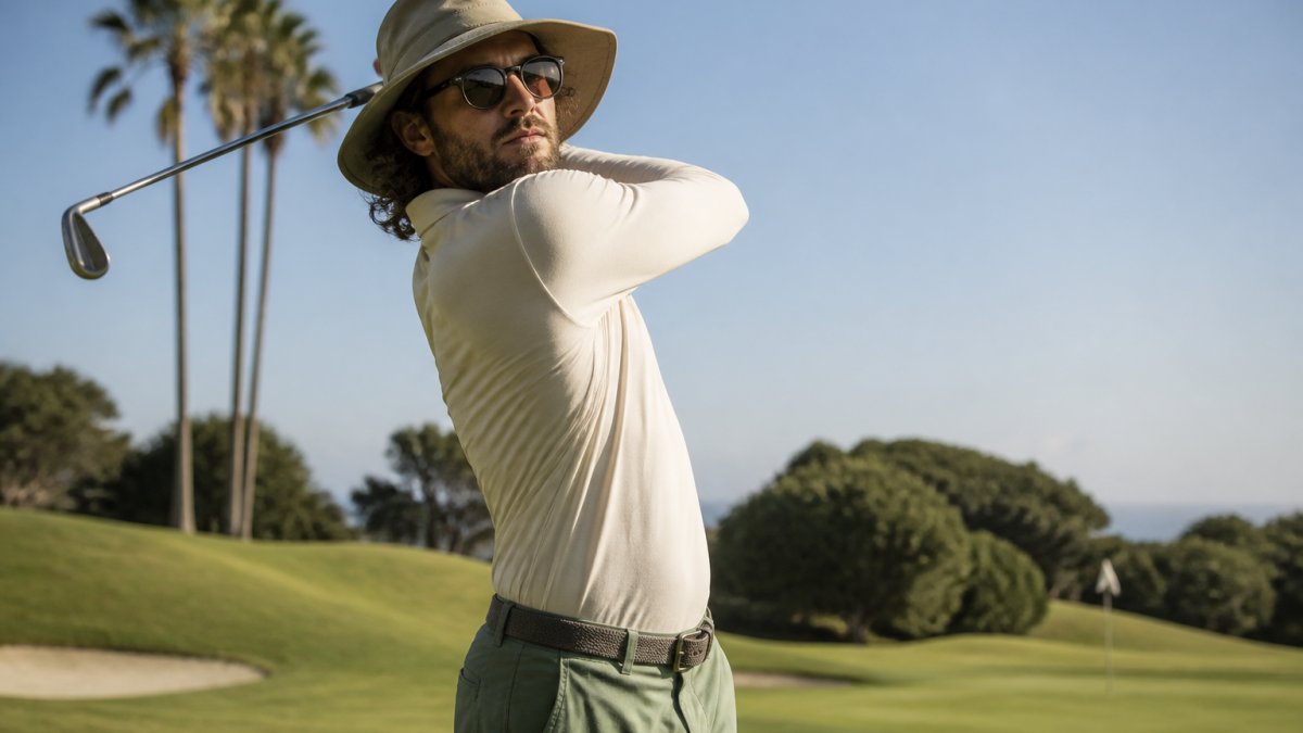 A golfer wearing a long-sleeved UPF 50 shirt and wide-brim hat, mid-swing on a sunny course, with visible fabric texture and relaxed retro style