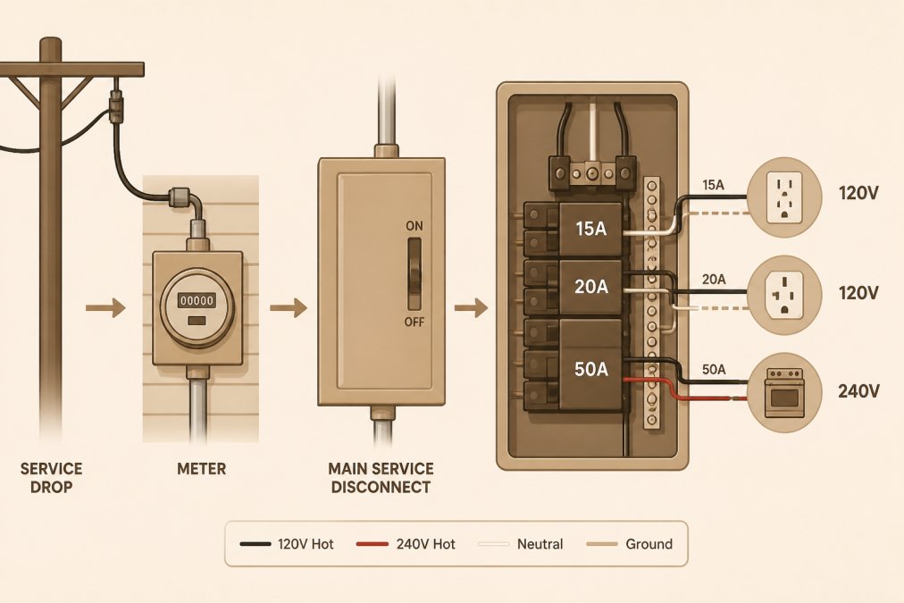 Diagram showing electrical capacity flow from service meter to 120V and 240V circuits and breakers.