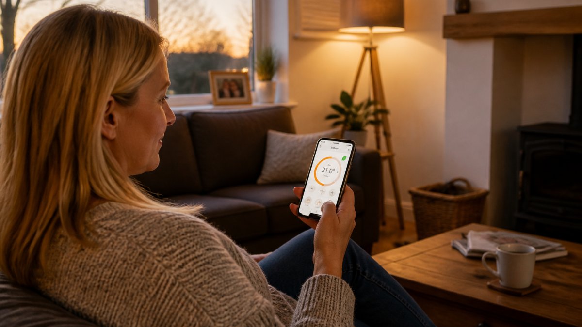 Homeowner holding smartphone displaying heating control app with warm, comfortable living room visible in background, natural evening lighting