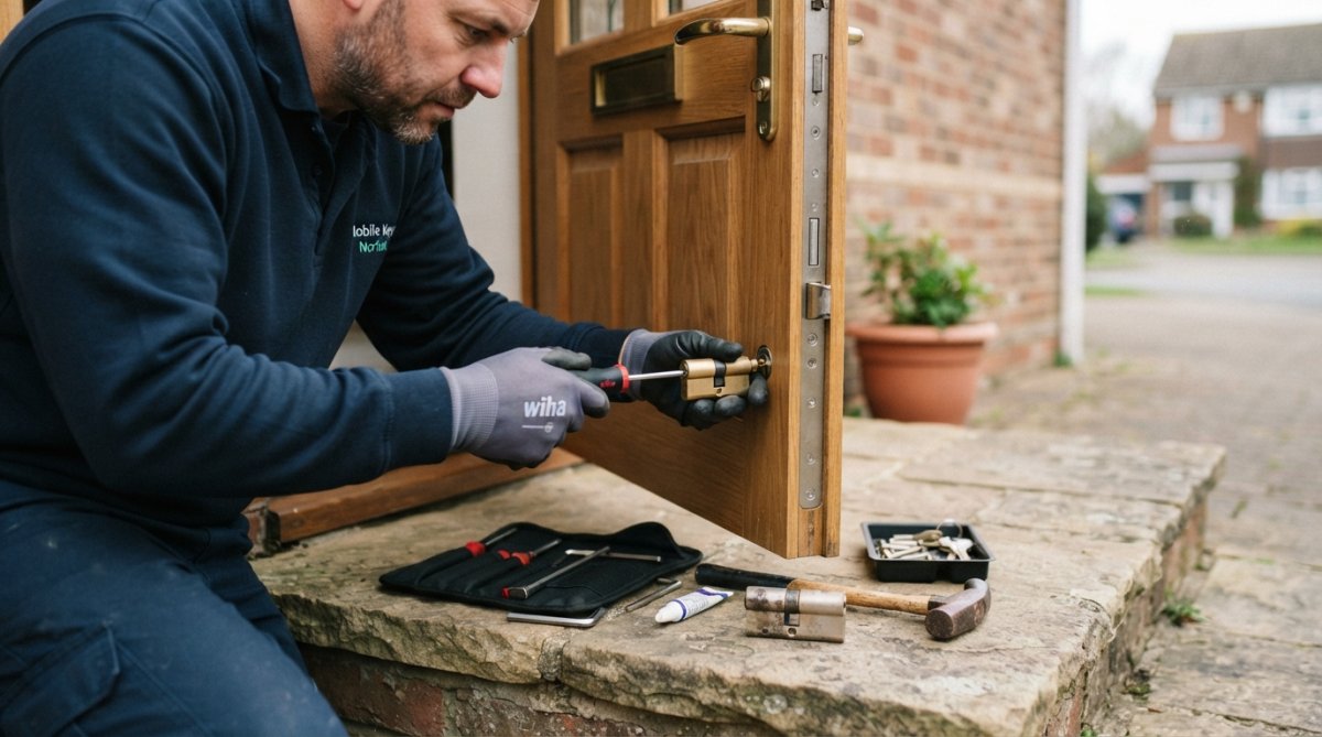 Close-up of a locksmith's hands fitting a new anti-snap euro cylinder into a wooden front door, with tools and the old cylinder resting on a nearby step in natural daylight