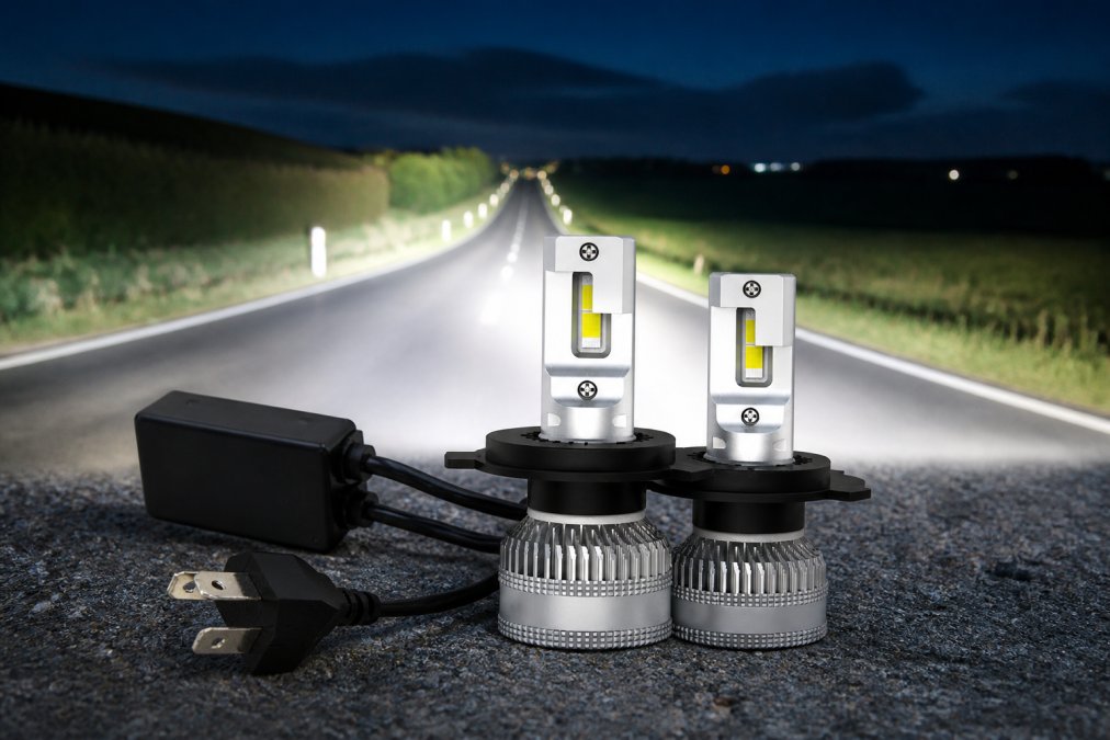 Vehicle driving on dark rural road at night with LED headlights clearly illuminating the road surface and distant horizon, showing bright white beam pattern extending far ahead