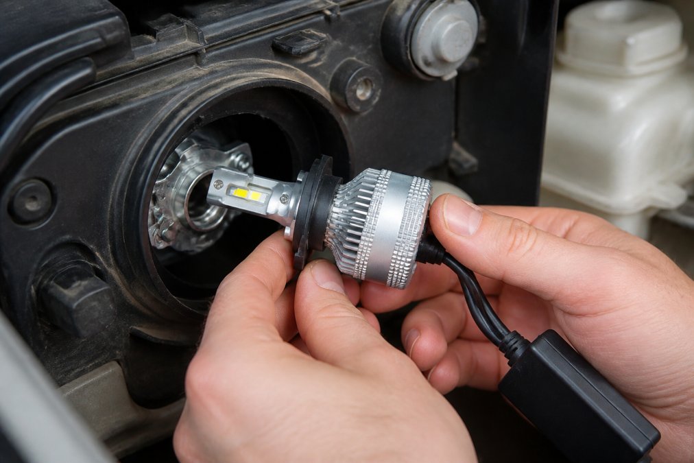 Close-up of hands installing an LED bulb into a vehicle headlight housing, showing the bulb connection point and proper alignment positioning with housing interior visible