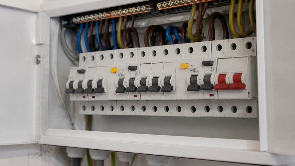Close-up of a modern consumer unit with RCD switches clearly visible in the metal enclosure, showing protective mechanisms and circuit breakers