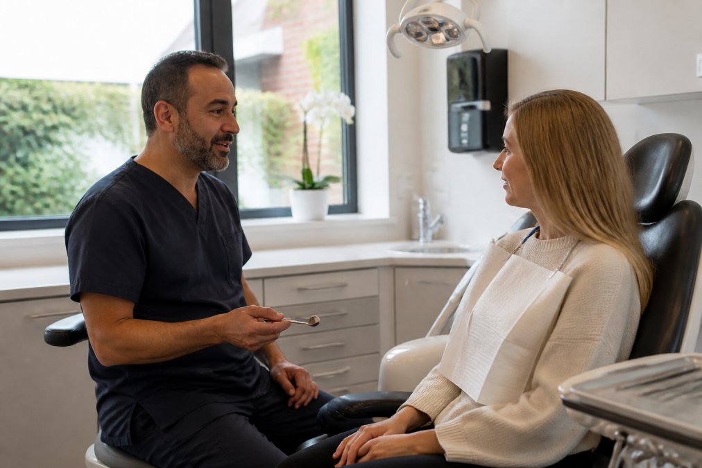 A calm, modern dental surgery with a dentist in scrubs speaking reassuringly to a seated patient, soft natural light through the window, clinical equipment visible but not intimidating