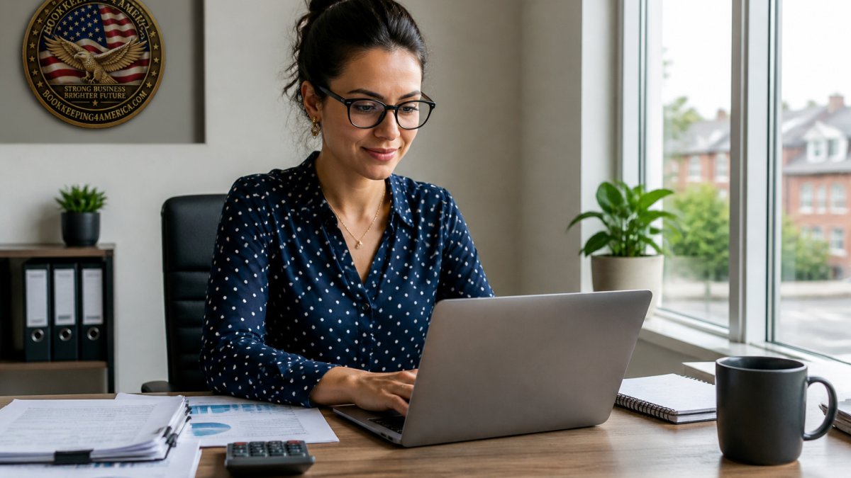 Small business owner at desk working on laptop with financial documents nearby, looking focused and confident on core business tasks in bright office setting