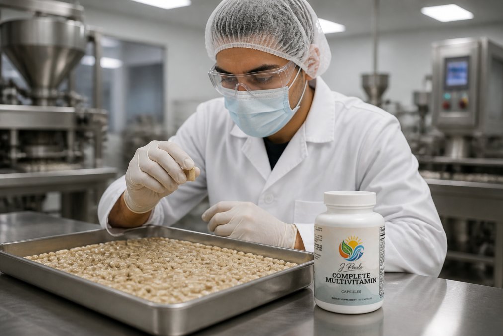 Technician in white laboratory coat and protective gloves inspecting supplement capsules under bright overhead lighting in a modern manufacturing facility with stainless steel equipment