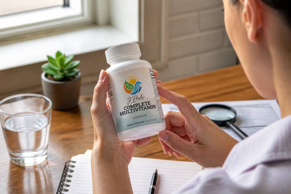 Hands holding a supplement bottle with label clearly visible, examining the ingredient list and certification marks in natural daylight near a window
