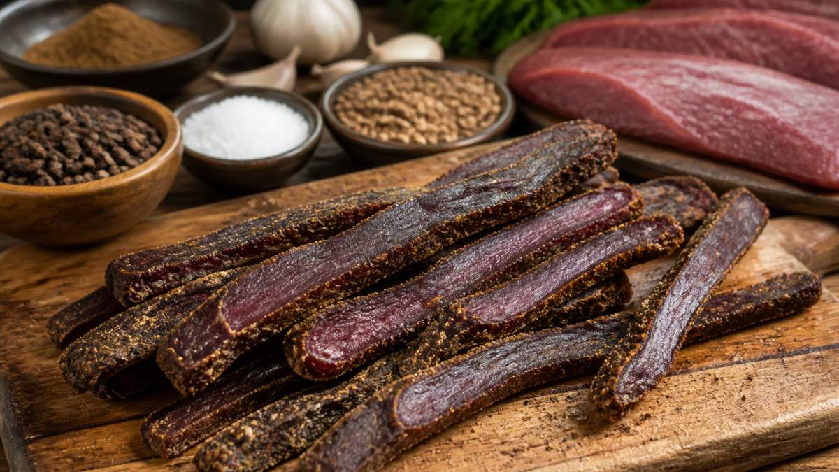 Close-up of premium biltong strips on a wooden board with fresh beef cuts and curing spices visible in the background