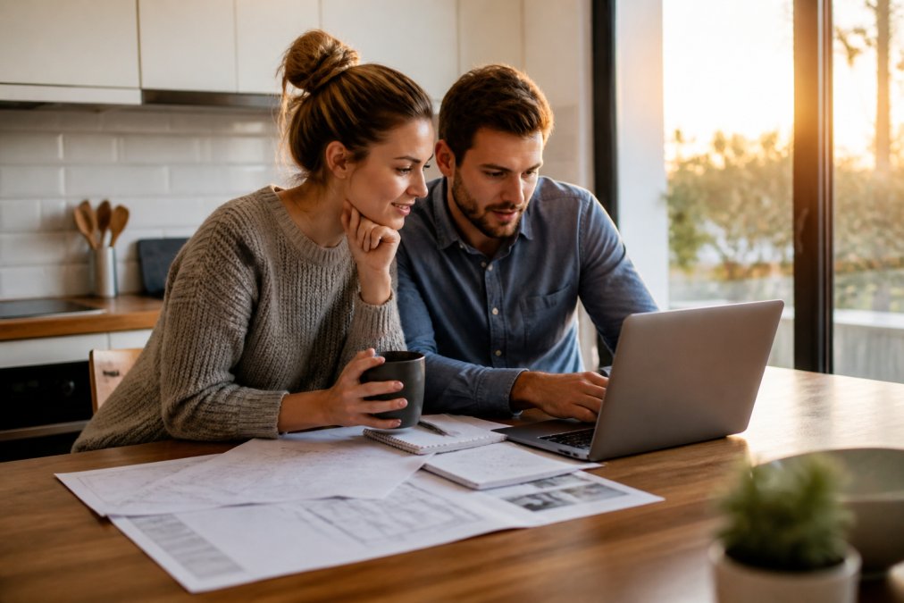 Young couple reviewing property listings with a buyers agent process flowchart on their laptop at home.