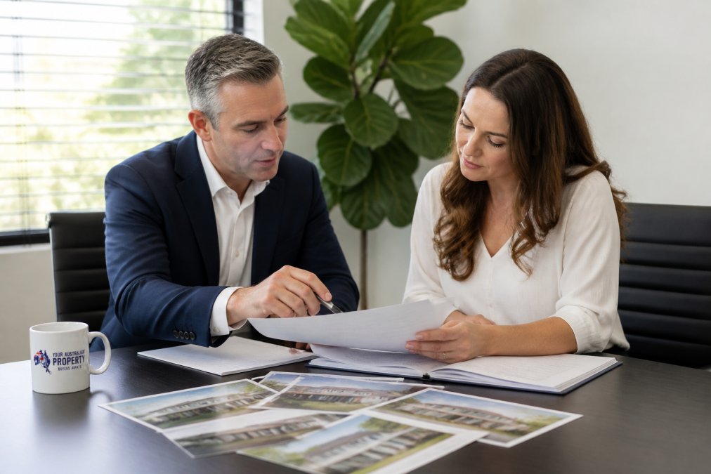 Professional buyer's agent and client reviewing property documents and negotiation strategy at a desk with market data and property briefs visible, natural office lighting