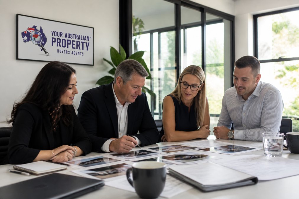 Diverse team of experienced property professionals in a modern office setting, reviewing property portfolios and market data, natural lighting