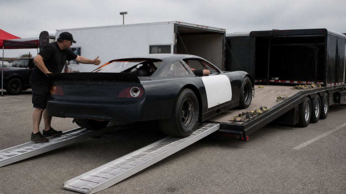 A race car being driven up aluminum ramps onto an open flatbed car hauler at a track paddock, with a spotter guiding the driver and tie-down straps visible on the deck