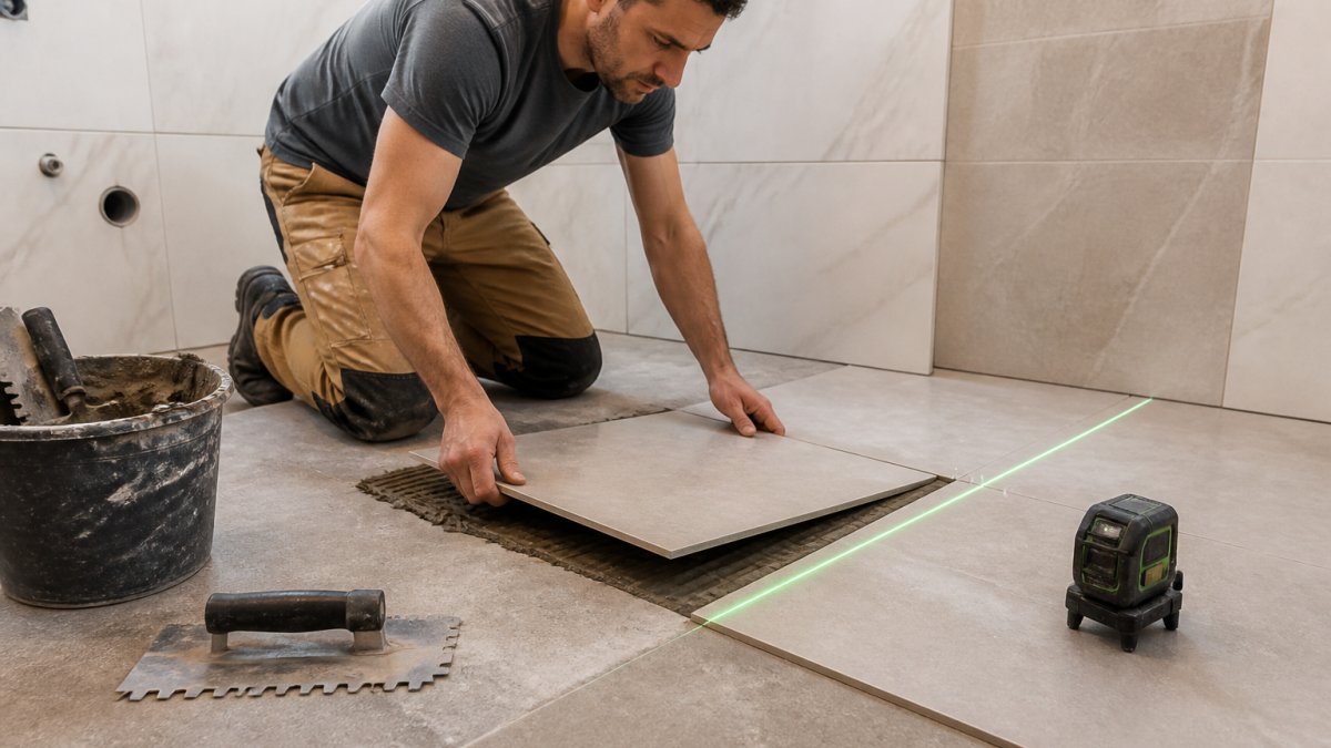 A person kneeling on a bathroom floor pressing a ceramic tile into place, with a bright green laser line projected across the subfloor and a notched trowel and bucket of thinset nearby