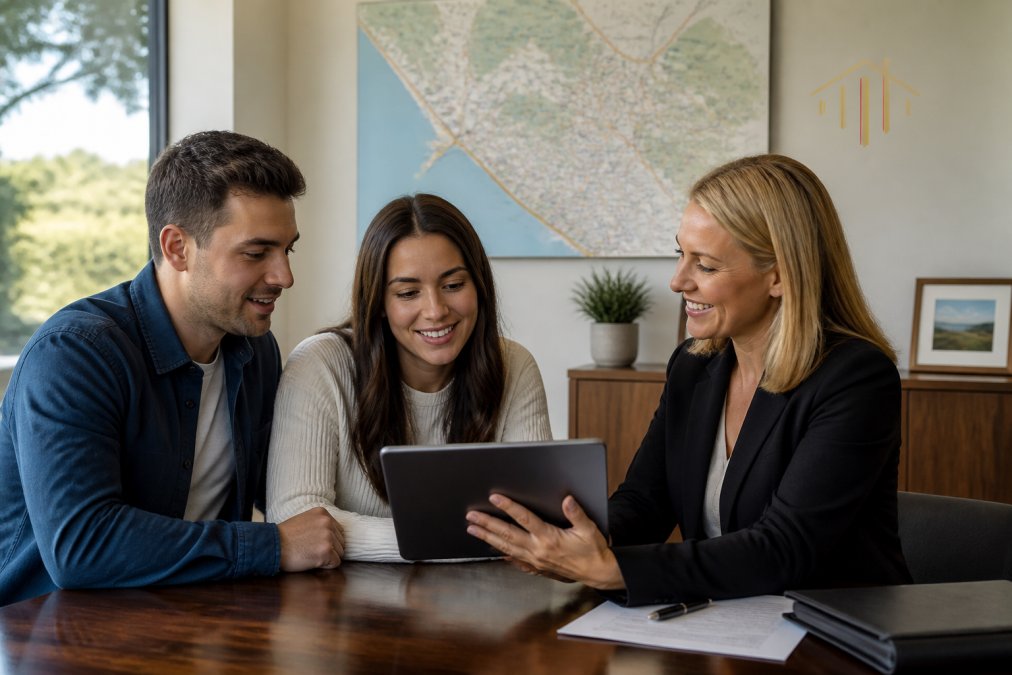 A real estate agent and a young couple reviewing property listings on a tablet in a sunlit office, with a map of the local area visible on the wall behind them
