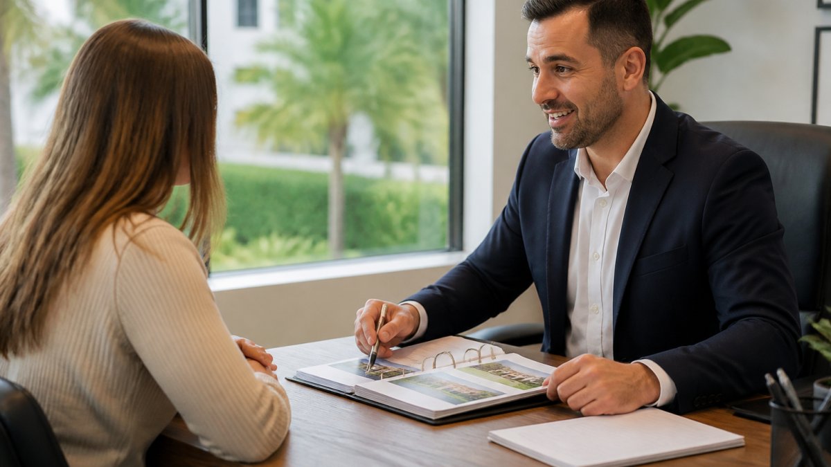 Real estate agent meeting with clients at a local real estate brokerage to review property listings on a computer