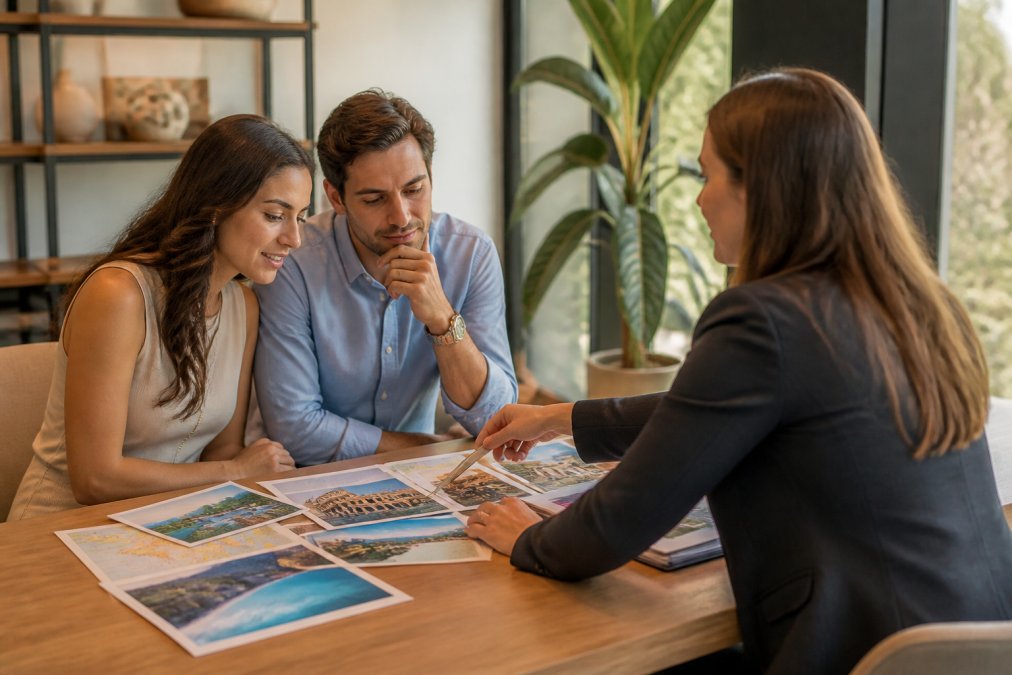 A couple reviewing a custom itinerary with a travel advisor in a modern office setting, pointing at destination photos and notes spread across the desk, warm natural lighting from windows