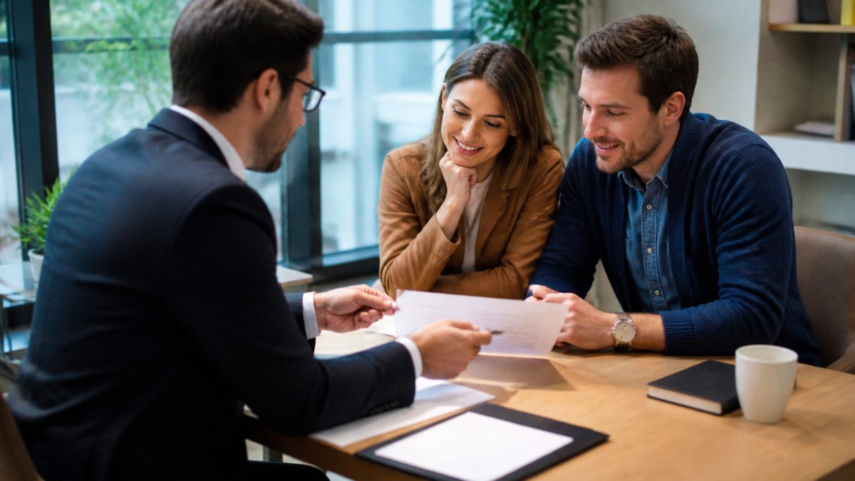 Professional mortgage broker meeting with a couple at a wooden desk, reviewing loan documents and discussing options on a computer screen in a modern office setting with natural window lighting