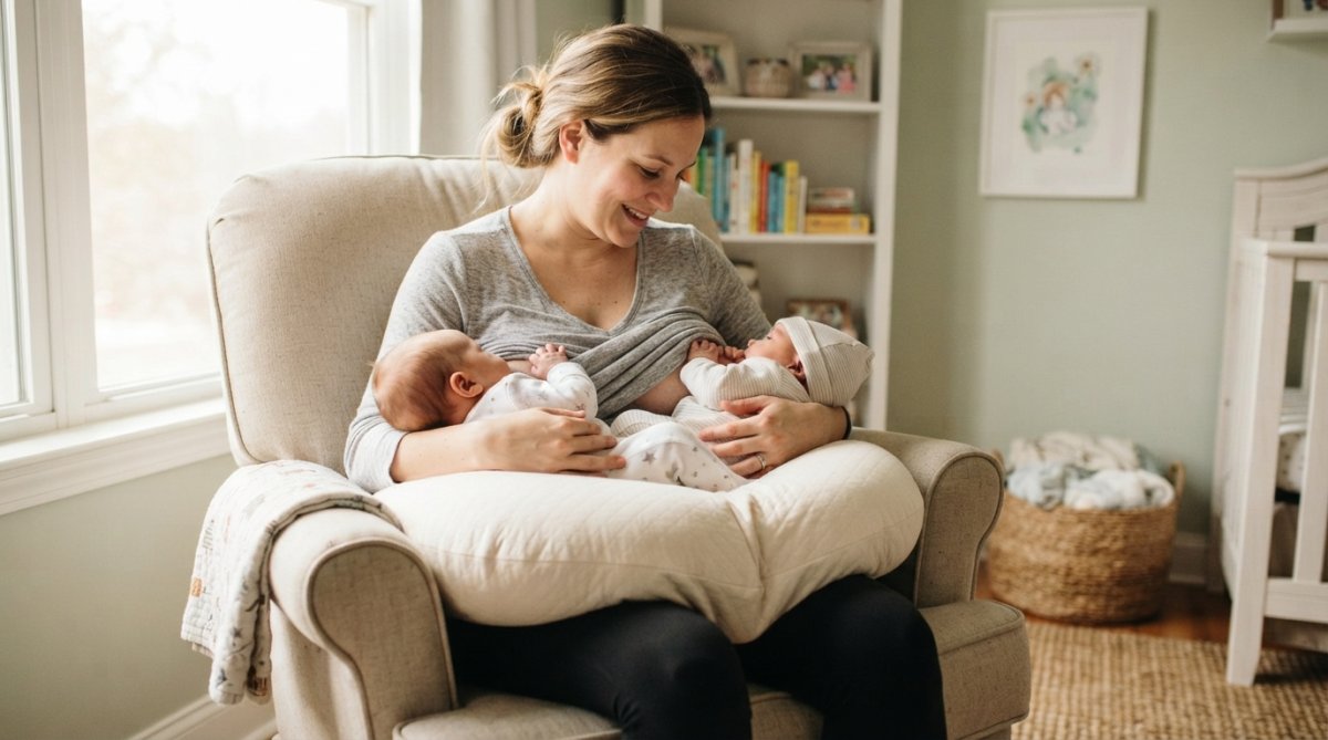 Parent breastfeeding two infants in a nursing pillow for twins while sitting in a cozy nursery glider chair.