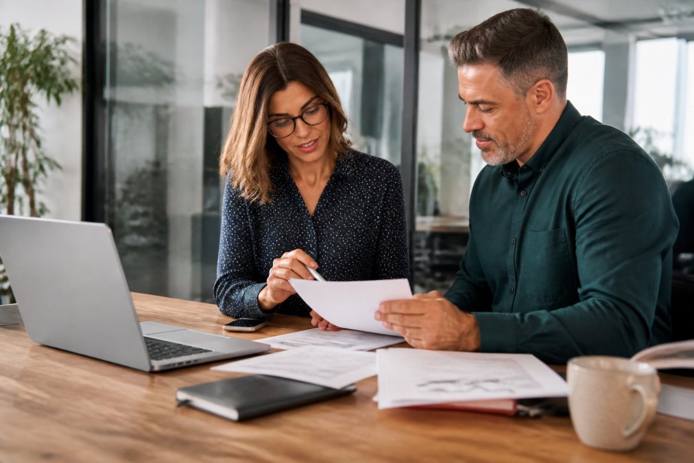Small business owner and HR professional reviewing payroll and benefits documents together at a desk, with a laptop showing HR software dashboard in a modern office setting with natural window lighting