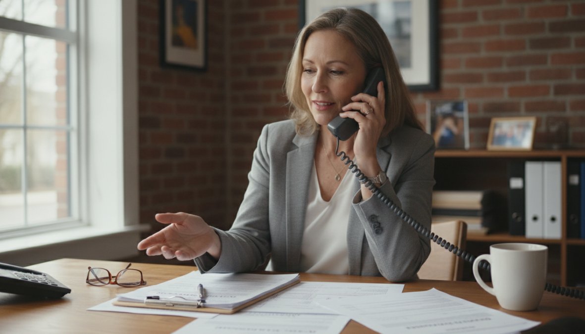 A professional female insurance agent in a business suit talking on the phone while reviewing a stack of claim forms at a tidy desk, with a laptop open beside her and warm office lighting in the background