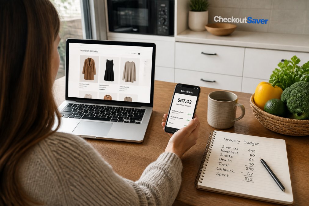 Infographic illustrating the process of using cashback portals to track grocery savings and rewards.