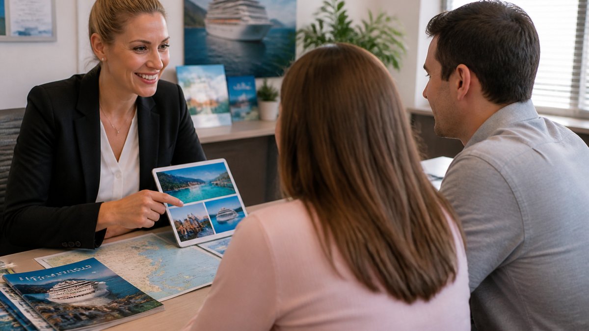Professional travel advisor sitting across from a couple at a desk, reviewing colorful cruise destination photos and itineraries on a tablet, with travel brochures and port maps visible in modern office setting