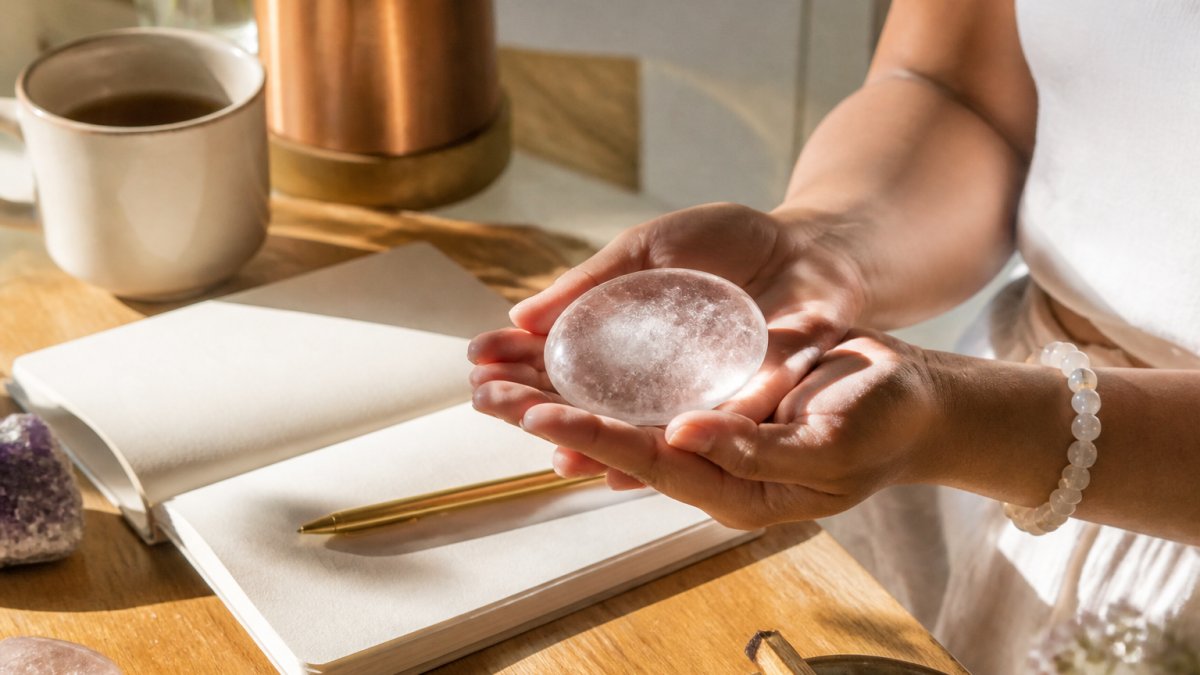 Step-by-step guide for using a clear quartz palm stone in a daily mindfulness meditation ritual