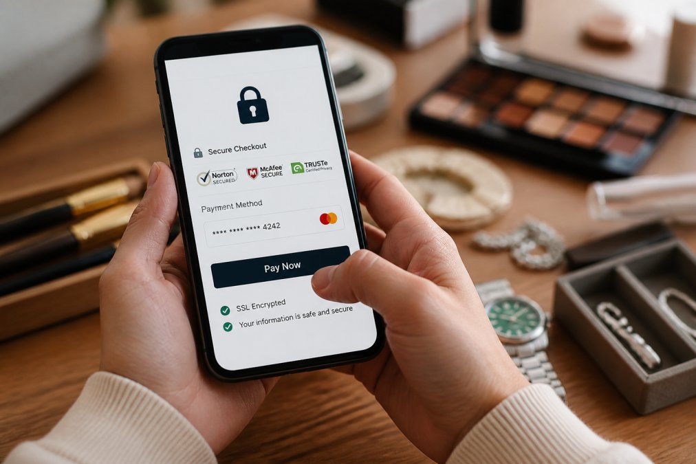 Close-up of a smartphone screen displaying a secure checkout page with a padlock icon, trust badges, and SSL certificate indicators, with a person's hands visible holding the device in natural lighting