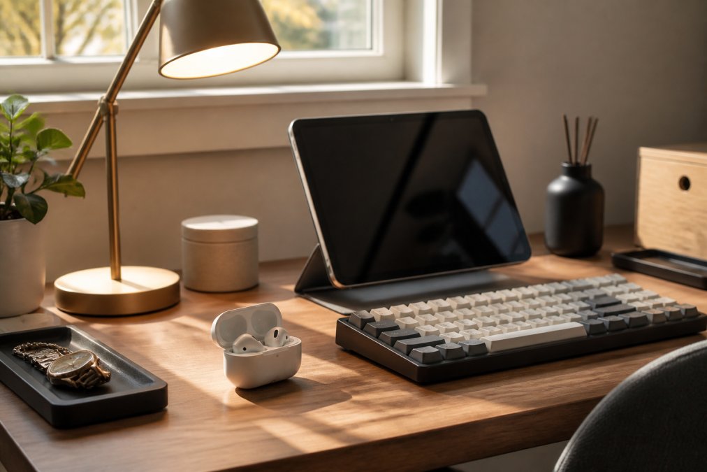 Modern home office setup featuring curated electronics including a desk lamp with warm lighting, wireless earbuds in their case, a tablet propped on a stand, and a mechanical keyboard arranged on a clean wooden desk with natural sunlight streaming through a window