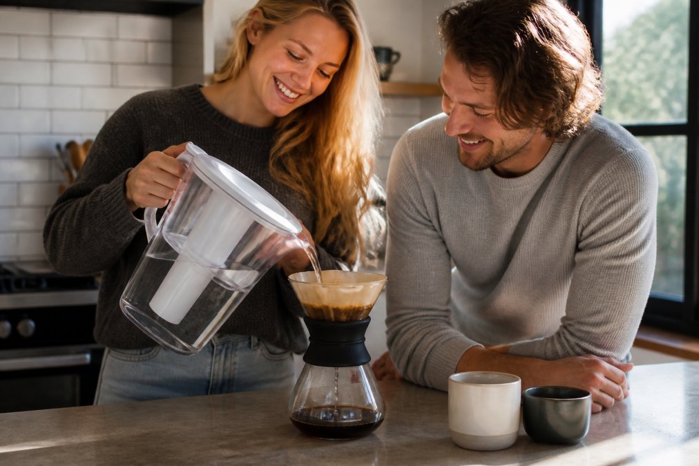 A close-up of a glass pour-over coffee setup on a kitchen counter, with a water filter pitcher beside it and soft morning light streaming through a window