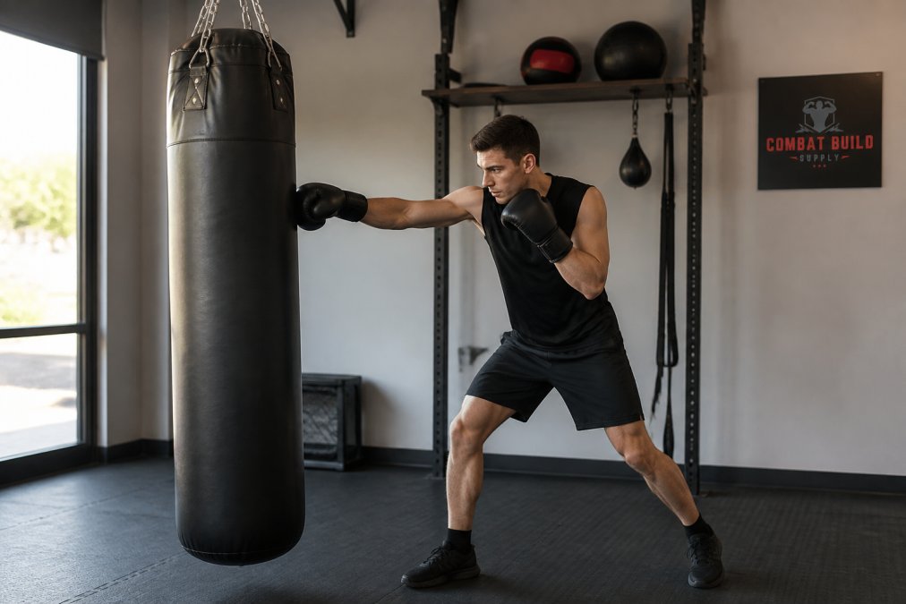 Beginner practicing a jab-cross combination on a heavy bag in a home gym to learn the benefits of using heavy bags for