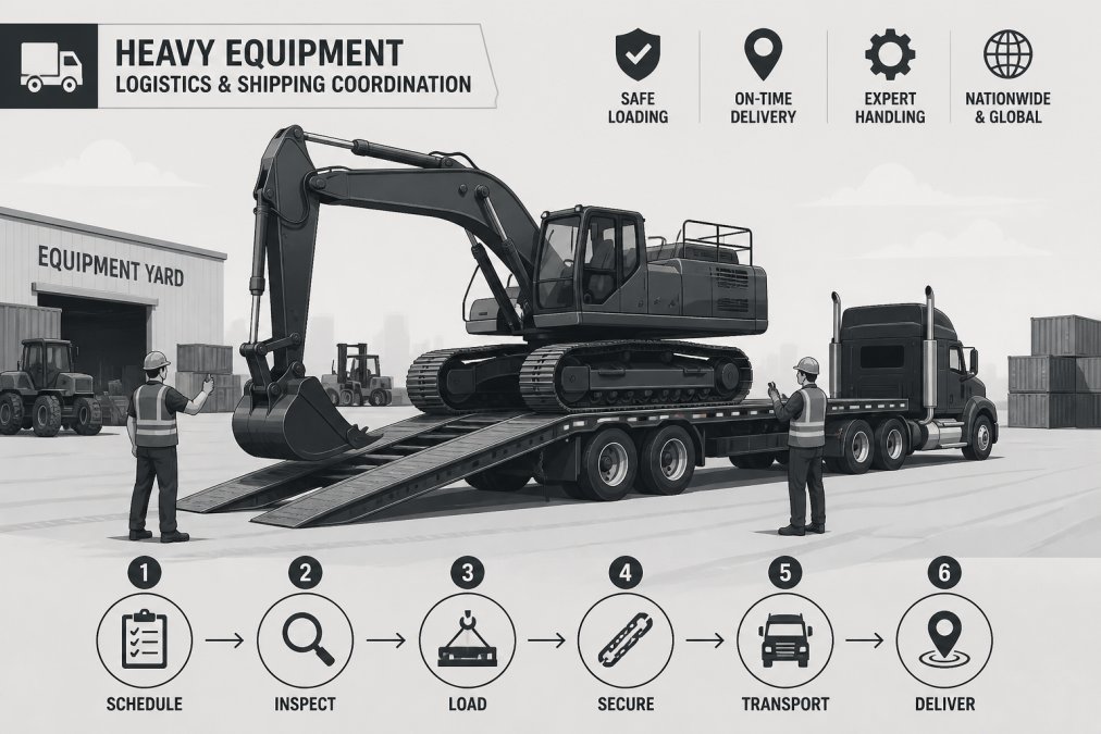 Heavy equipment being loaded onto flatbed trailer by experienced operators in equipment yard, showing logistics coordination in action with clear daylight