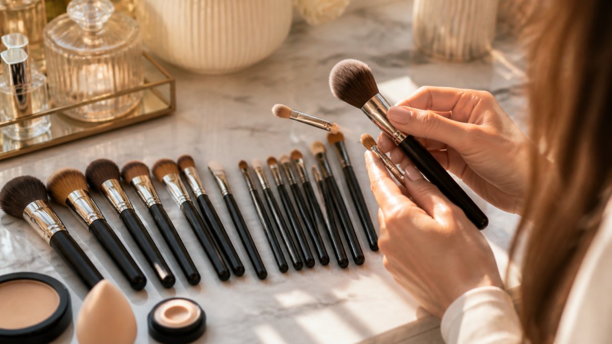 Overhead flat-lay of a full set of makeup brushes arranged by type on a clean marble vanity, with a few brushes fanned out to show bristle shapes for face and eye application