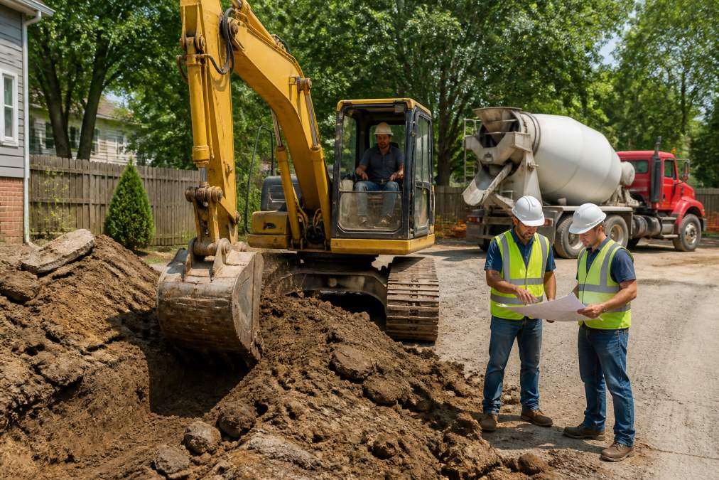 A construction site in Metro Detroit with an excavator digging near a residential backyard, a concrete truck in the background, and workers in hard hats coordinating plans