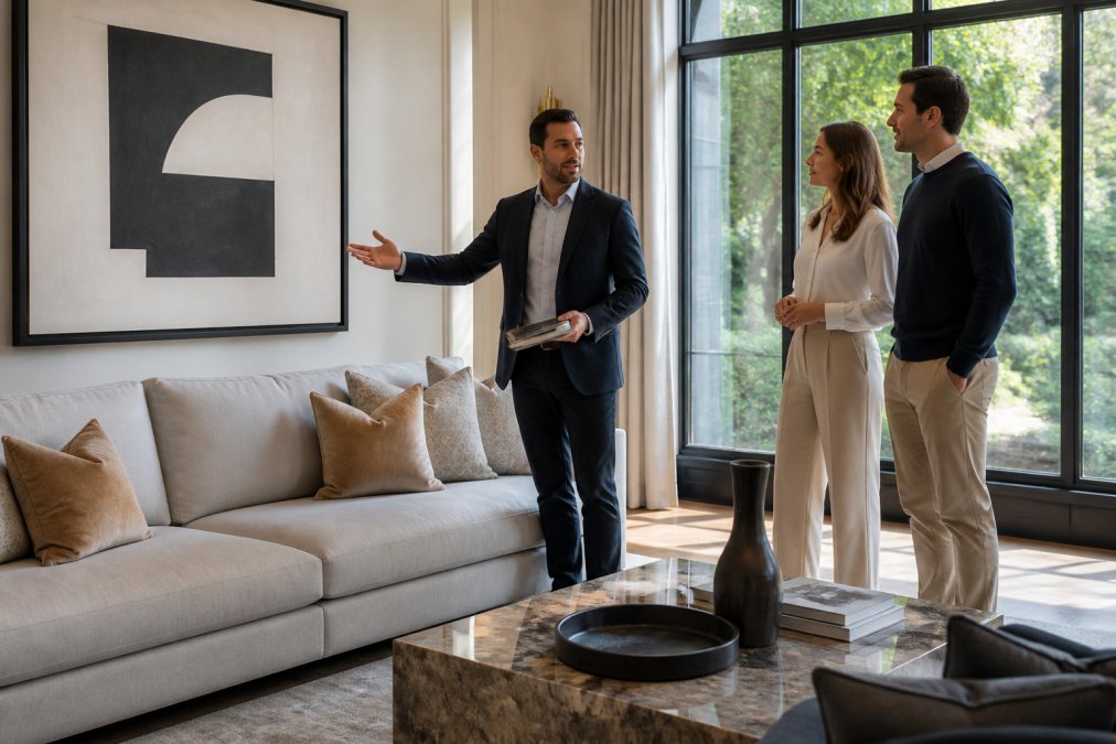 Professional luxury furniture consultant discussing design options with homeowner in elegant living room, gesturing toward sophisticated sofa and contemporary artwork, natural light streaming through large windows