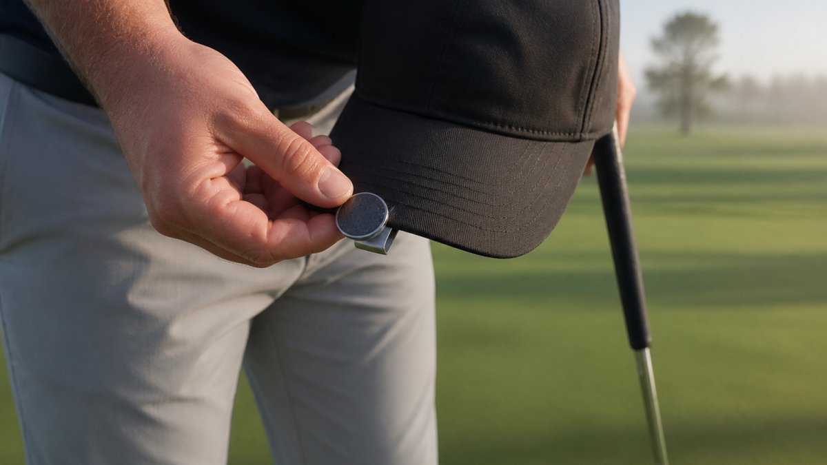 Close-up of a golfer's hand lifting a small round magnetic ball marker off a cap brim clip while standing on a putting green, putter resting against the leg, soft morning light
